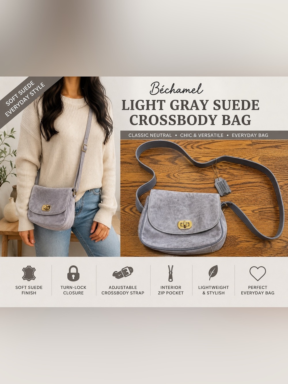 Béchamel Light Gray Suede Crossbody Bag Gold Hardware Adjustable Strap